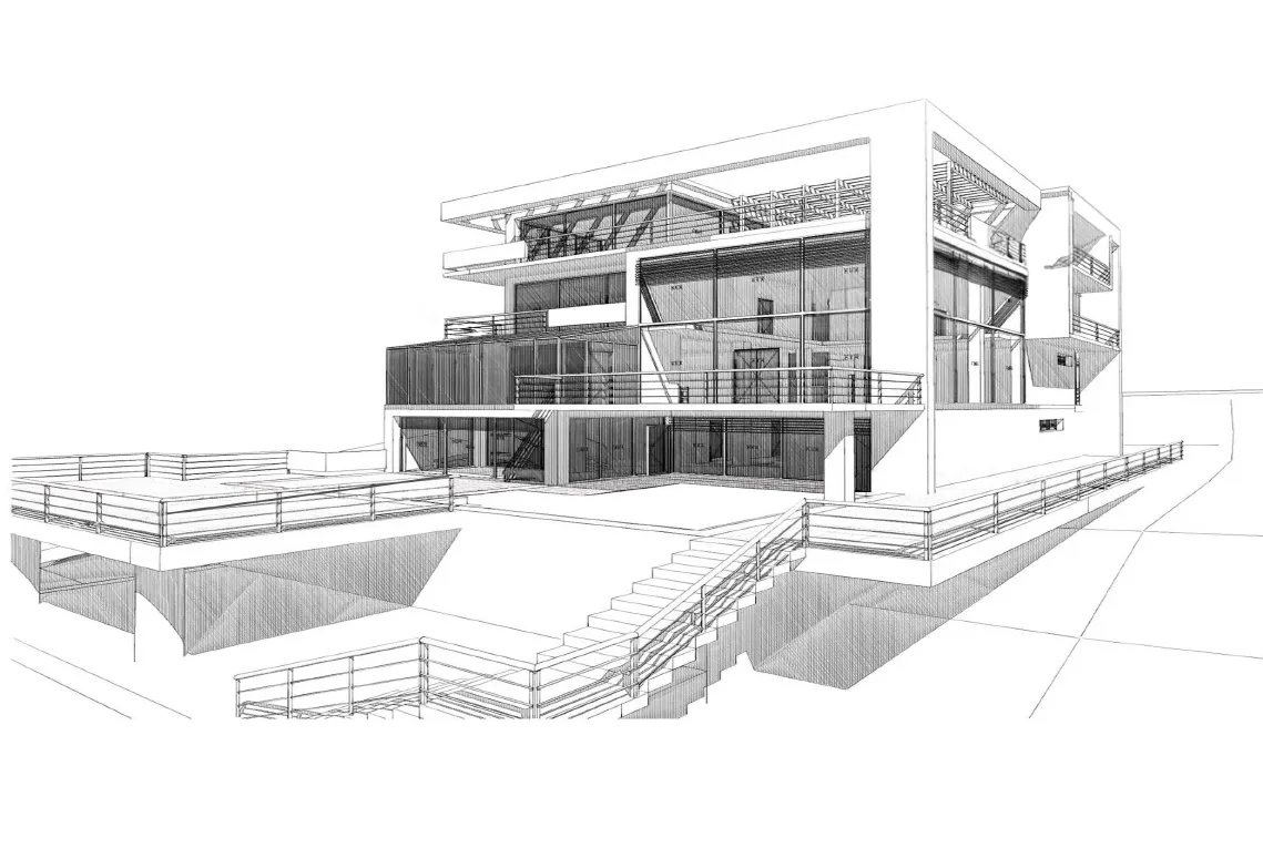 imgi 16 architectural line drawing of a modern multi level building